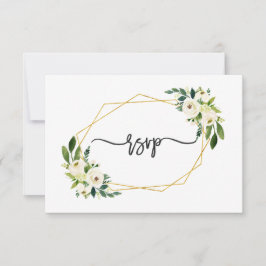 Cartão RSVP Elegante Quadro Branco Floral Verde Dourado Casame