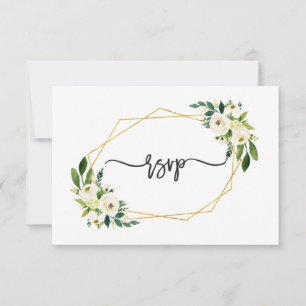 Cartão RSVP Elegante Quadro Branco Floral Verde Dourado Casame