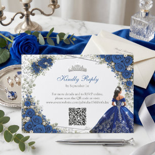 Cartão RSVP Elegante Quinceañera Azul Real e Rosas Prateadas