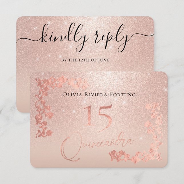 Cartão RSVP Elegante Rosa Dourada Glitter Foil Floral Quincean (Frente/Verso)