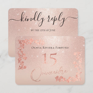 Cartão RSVP Elegante Rosa Dourada Glitter Foil Floral Quincean