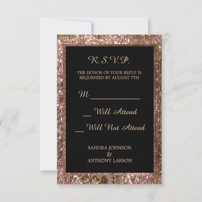 Cartão RSVP Elegante Rosa Dourado Glitter Wedding R S.V.P. (Frente)