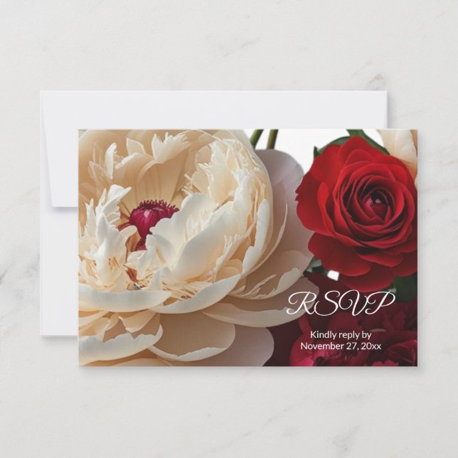 Cartão RSVP Elegante Rosa vermelha e Cream Peony (Frente)