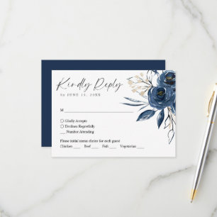 Cartão RSVP Elegante Roteiro Casamento Floral Azul Marinho