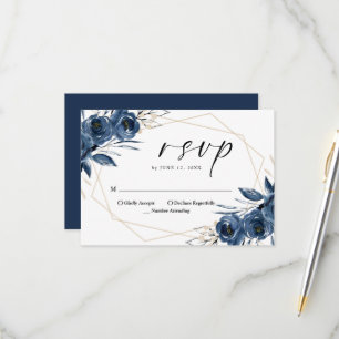 Cartão RSVP Elegante Roteiro Casamento Floral Azul Marinho