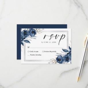 Cartão RSVP Elegante Roteiro Casamento Floral Azul Marinho