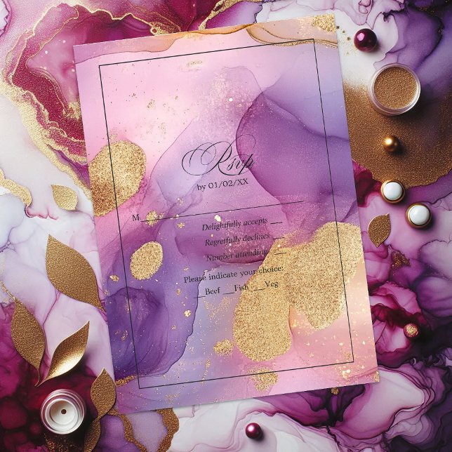 Cartão RSVP Elegante Roxo e Dourado Fluindo Tinta Alcoólica (Elegant Purple and Gold Flowing Alcohol Ink RSVP Card)