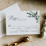 Cartão RSVP Elegante Rustic Greenerescing - Opções de Refeiçõe<br><div class="desc">Projetado para coordenar com a nossa coleção de casamento Rustic Greenery,  este cartão RSVP personalizável,  apresenta cores aquáticas mistas de botânica verde,  um roteiro de caligrafia moderno emparelhado com uma fonte serif clássica em preto. Itens correspondentes disponíveis.</div>