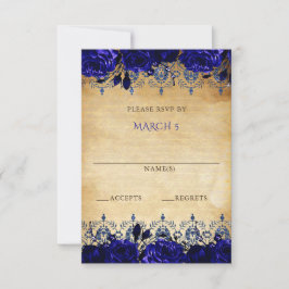 Cartão RSVP Elegante Rústico Antigo Azul Real Floral