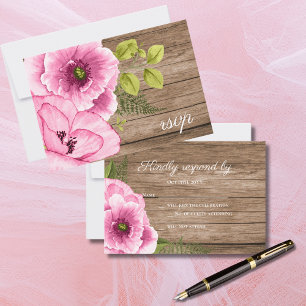 Cartão RSVP Elegante Rústico Rosas Verdes Papoulas Aquarela