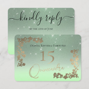 Cartão RSVP Elegante Sage Verde Glitter Quinto Ffloral Quincea