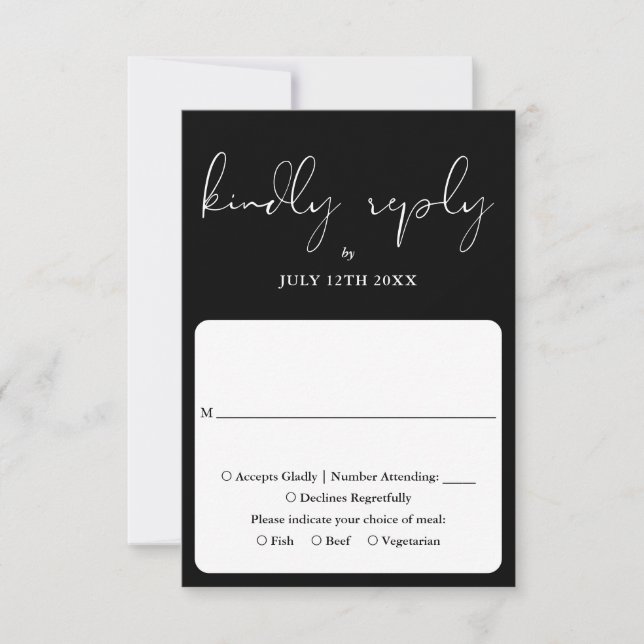 Cartão RSVP Elegante Script Calligraphy Casamento Preto e Bran (Frente)