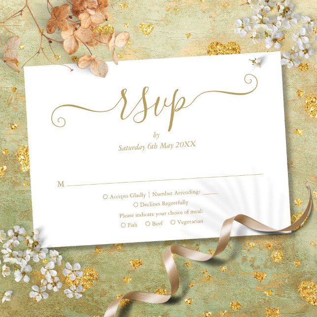 Cartão RSVP Elegante Script dourado (Elegant Modern Chic Script Gold Wedding RSVP Card)