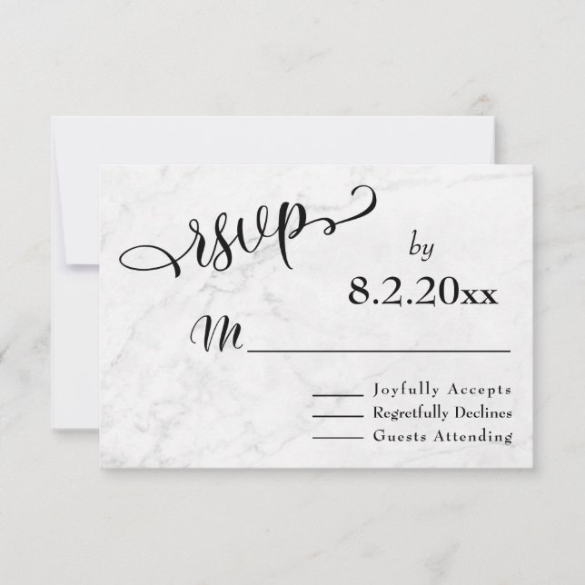 Cartão RSVP Elegante Script Preto c/ Mármore Branco, Confirmaç (Frente)
