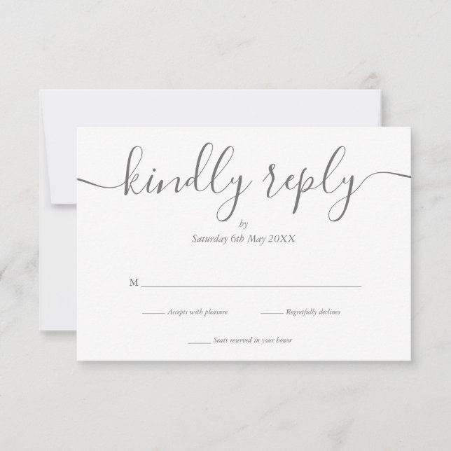 Cartão RSVP Elegante Script Simples Cinza e Branco (Frente)