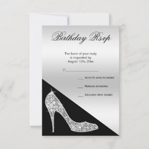 Cartão RSVP Elegante Sequin Stiletto, Silver & Black Birthday