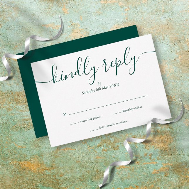 Cartão RSVP Elegante Simples Verde Esmeralda Script (Criador carregado)