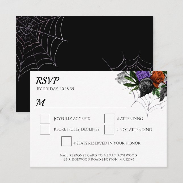 Cartão RSVP Elegante Spooky Floral Spider Web (Frente/Verso)