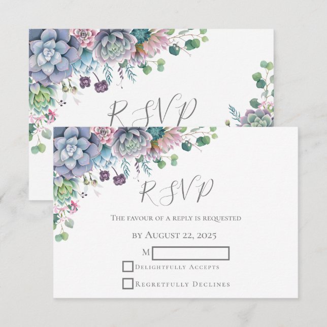 Cartão RSVP Elegante Succulent Watercolor Greenery Wedding RSV (Frente/Verso)