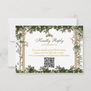 Cartão RSVP Elegante Tiara Floral Verde Dourada Quinceañera