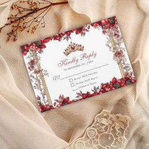 Cartão RSVP Elegante Tiara Floral Vermelha Dourada Quinceañera