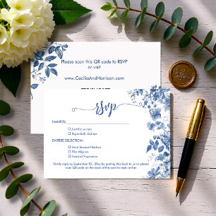 Cartão RSVP Elegante Toile Floral Azul Poeirento Código QR Cas