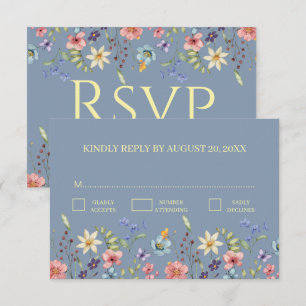 Cartão RSVP Elegante Tradição Floral Azul Poeirento Casamento 