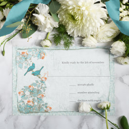 Cartão RSVP Elegante Turquoise Coral Birds Casamento tema dama