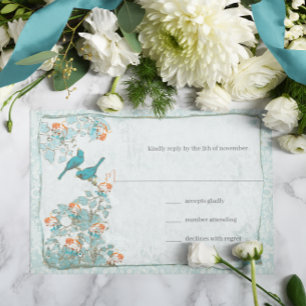 Cartão RSVP Elegante Turquoise Coral Birds Casamento tema dama