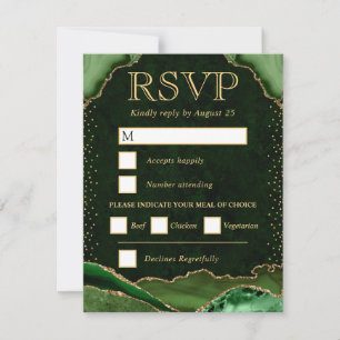 Cartão RSVP Elegante Verde e Dourado Falso Brilho Ágata Casame