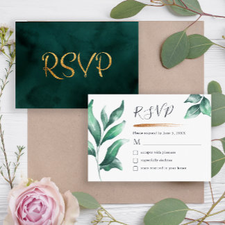 Cartão RSVP Elegante Verde e Dourado Minimalista