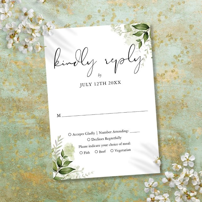 Cartão RSVP Elegante Verde Russo Deixa Casamento (Elegant Rustic Greenery Leaves Wedding RSVP Card)