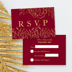 Cartão RSVP Elegante Vermelho Escuro com Flores Desenhadas a O