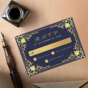 Cartão RSVP Elegante Vintage Azul Marinho com Folha Dourada Fa