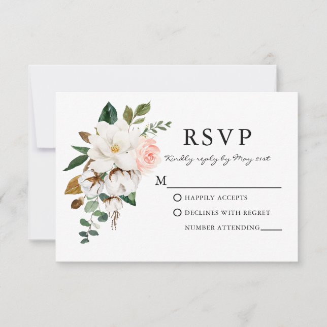 Cartão RSVP Elegante Watercolor Rosa Magnolias Weding (Frente)