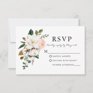 Cartão RSVP Elegante Watercolor Rosa Magnolias Weding