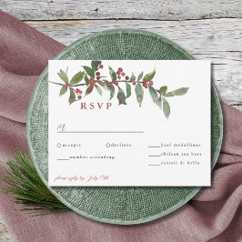 Cartão RSVP Elegante Winter Berries Red Green Watercolor