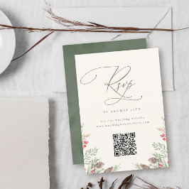 Cartão RSVP Elegante Winter Greenery Watercolor Casamento QR C