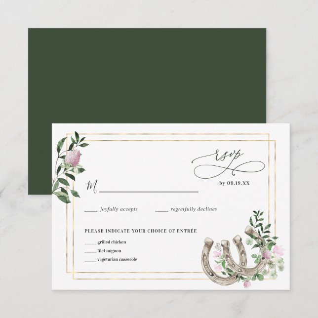 Cartão RSVP Elegantes Ferraduras de Trevo Botânico Casamento (Frente/Verso)