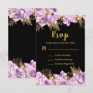 Cartão RSVP Elegantes Flores Lilás e Douradas Sweet Sixteen
