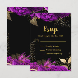 Cartão RSVP Elegantes Flores Roxas e Douradas Sweet Sixteen