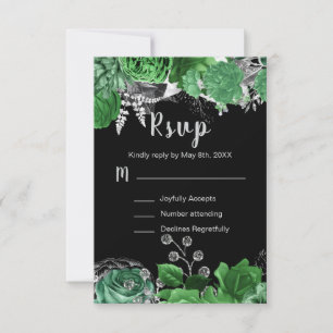 Cartão RSVP Elegantes Flores Verdes e Prata Sweet Sixteen