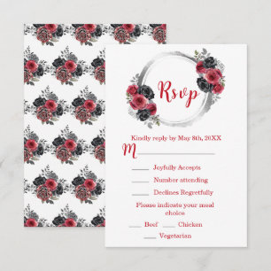 Cartão RSVP Elegantes Flores Vermelhas e Prateadas Sweet Sixte