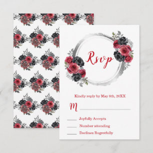 Cartão RSVP Elegantes Flores Vermelhas e Prateadas Sweet Sixte
