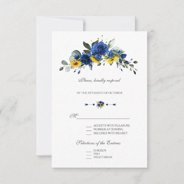 Cartão RSVP Elegantes Girassóis Flores Azuis Marinho Casamento (Frente)