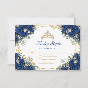 Cartão RSVP Elegantes Rosas Azuis Reais Quinceañera Dourada