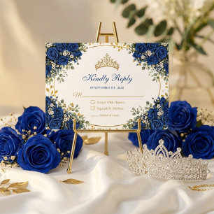 Cartão RSVP Elegantes Rosas Azuis Reais Quinceañera Dourada