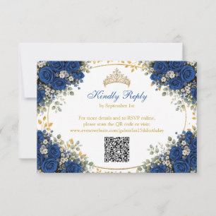 Cartão RSVP Elegantes Rosas Azul Real Quinceañera Dourada