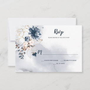 Cartão RSVP Elegantes Rosas Esboçadas a Ouro Floral Azul Marin