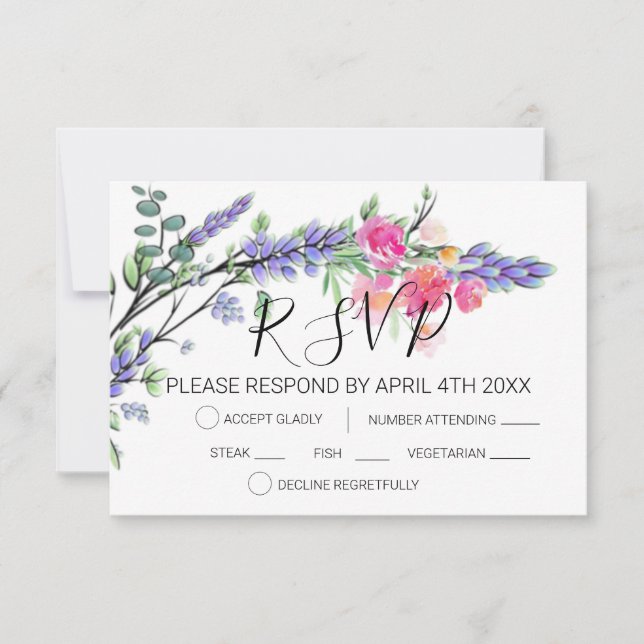 Cartão RSVP Elegantes rosas lavanda em aquarela de eucalipto c (Frente)